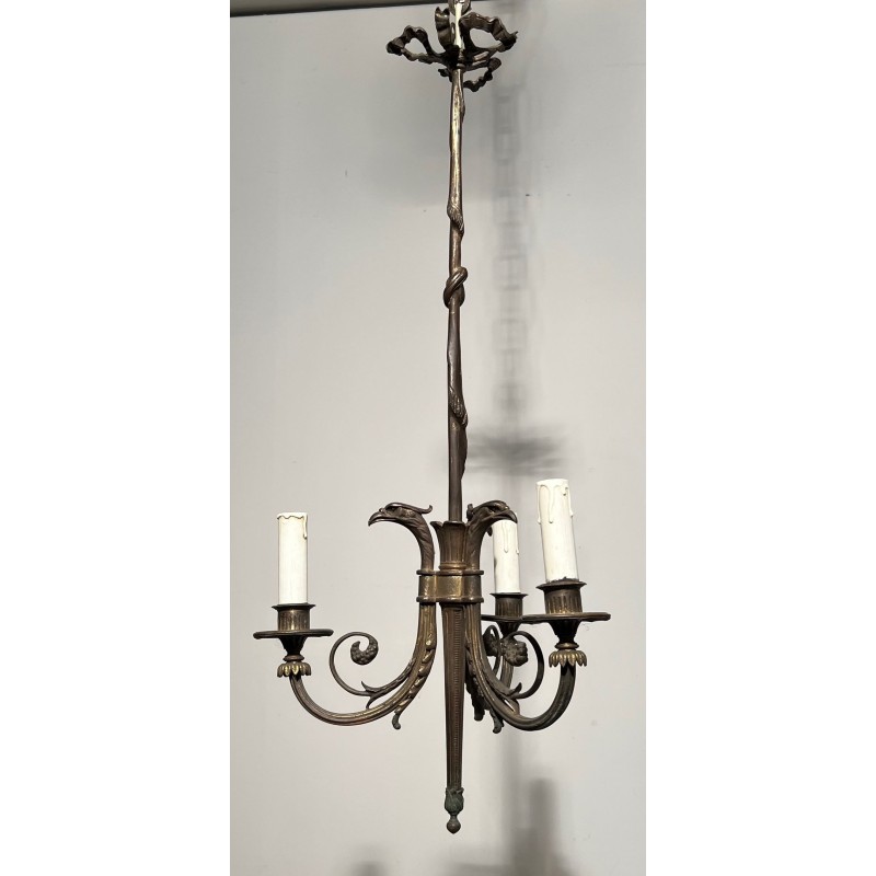 Lustre de Style Empire en Bronze à 3 Bras de Lumières Surmontées de Têtes d'Aigles. Travail Français. Vers 1900