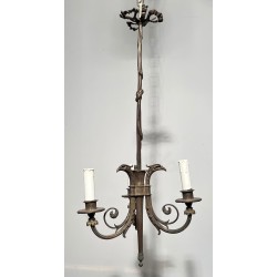 Lustre de Style Empire en Bronze à 3 Bras de Lumières Surmontées de Têtes d'Aigles. Travail Français. Vers 1900