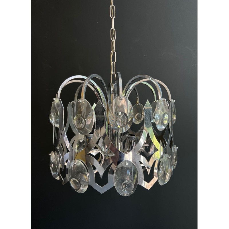 Lustre Design en Chrome et Cristaux de Angelo Gaetano Sciolari. Vers 1970