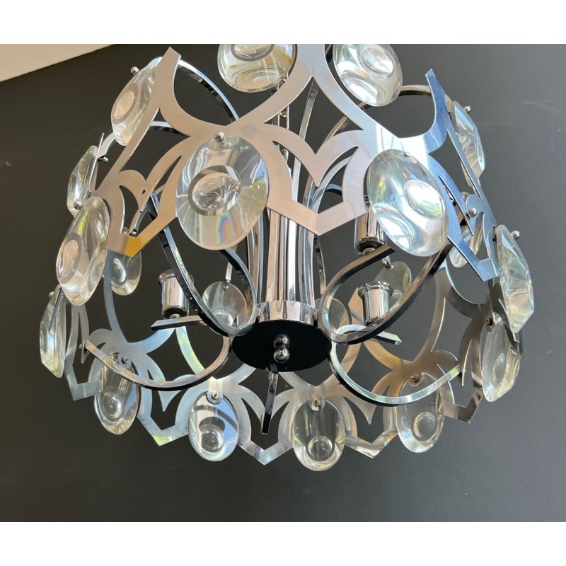 Lustre Chrome et Cristaux par Gaetano Sciolari, Design Italien, vers 1970 – Maison BARROIS