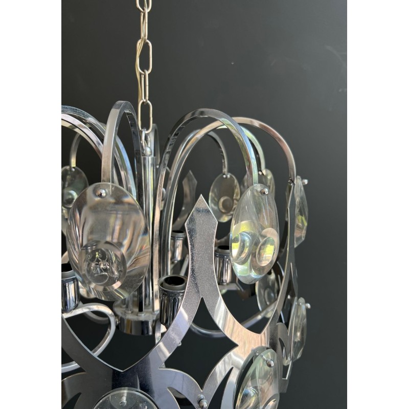 Lustre Chrome et Cristaux par Gaetano Sciolari, Design Italien, vers 1970 – Maison BARROIS