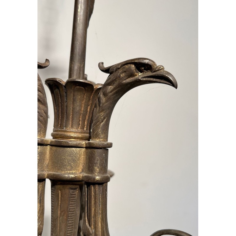 Lustre de Style Empire en Bronze à 3 Bras de Lumières Surmontées de Têtes d'Aigles. Travail Français. Vers 1900