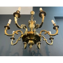 Important Lustre en Bronze Ciselé de Style Louis XVI à 8 Bras de Lumière de Lucien Gau
