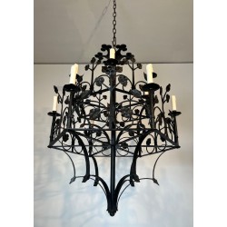 Wrought Iron Chandelier 12 Lights Gothic Clover Foliage France circa 1900
