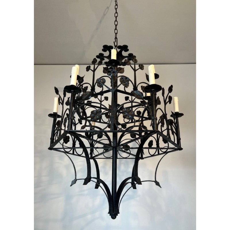 Wrought Iron Chandelier 12 Lights Gothic Clover Foliage France circa 1900
