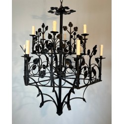 Wrought Iron Chandelier 12 Lights Gothic Clover Foliage France circa 1900