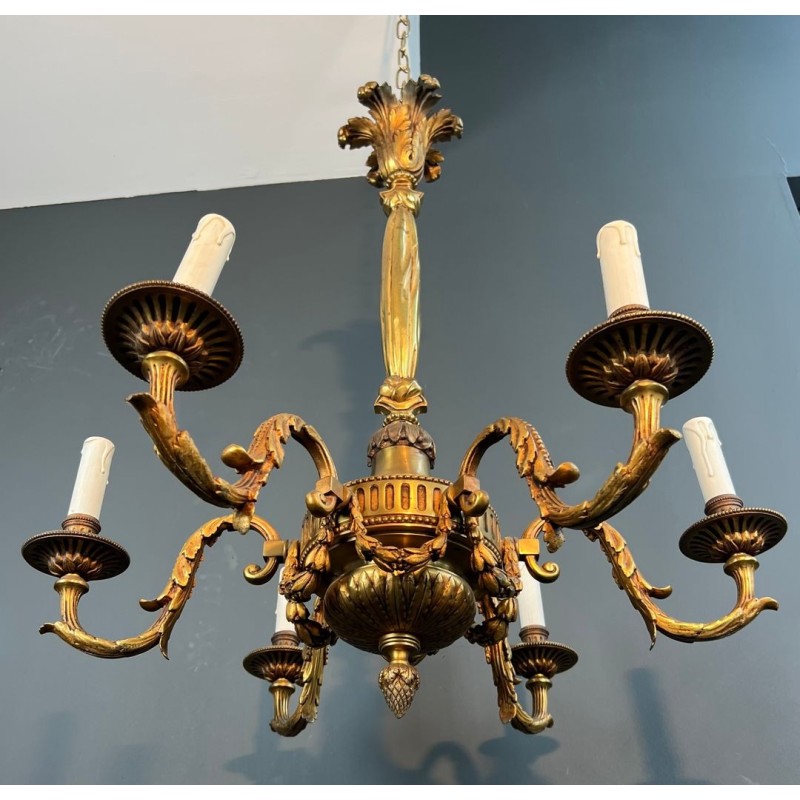 Bronze Chandelier 6 Arms Louis XVI Style Neoclassical France circa 1900