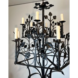 Wrought Iron Chandelier 12 Lights Gothic Clover Foliage France circa 1900