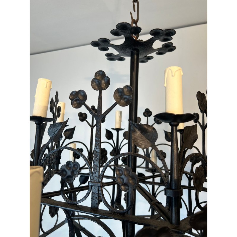 Wrought Iron Chandelier 12 Lights Gothic Clover Foliage France circa 1900