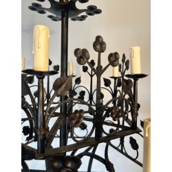 Wrought Iron Chandelier 12 Lights Gothic Clover Foliage France circa 1900