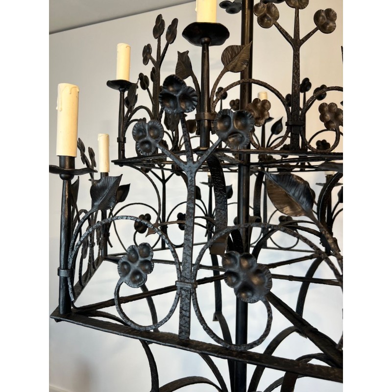 Wrought Iron Chandelier 12 Lights Gothic Clover Foliage France circa 1900