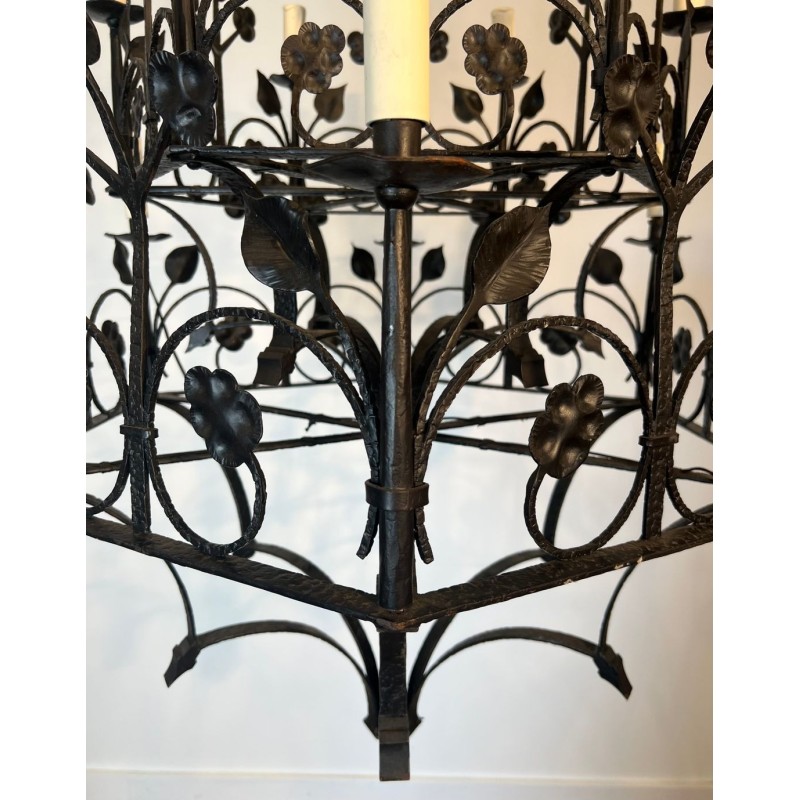 Wrought Iron Chandelier 12 Lights Gothic Clover Foliage France circa 1900