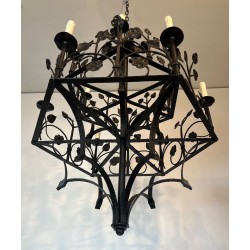 Wrought Iron Chandelier 12 Lights Gothic Clover Foliage France circa 1900