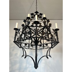 Wrought Iron Chandelier 12 Lights Gothic Clover Foliage France circa 1900