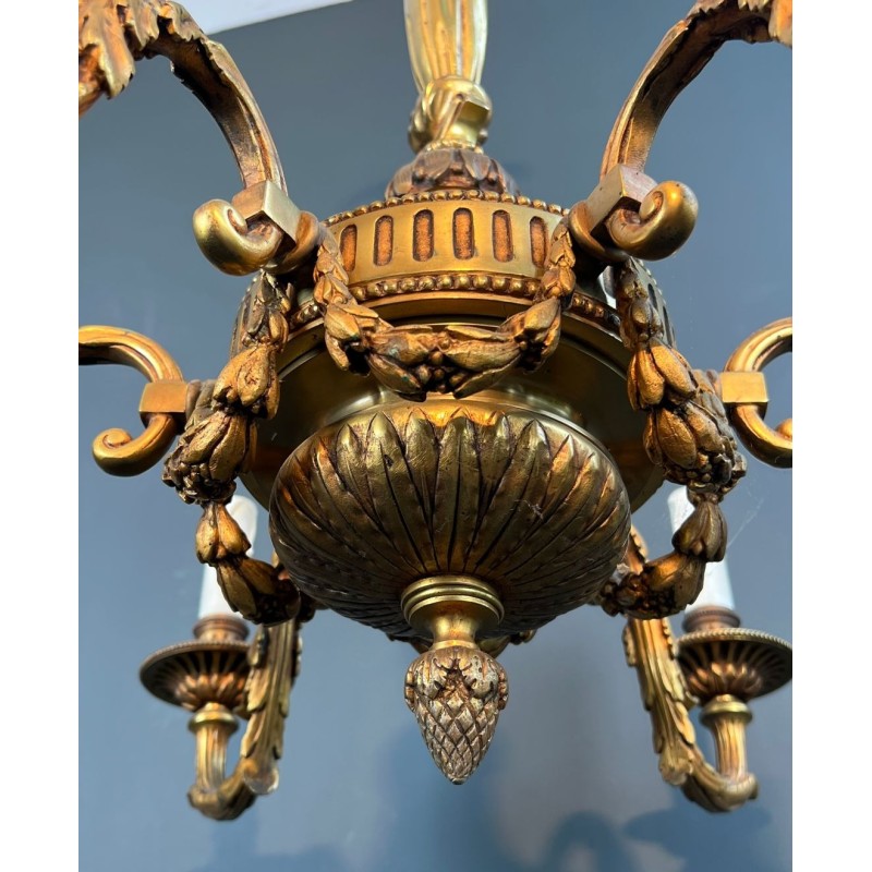 Bronze Chandelier 6 Arms Louis XVI Style Neoclassical France circa 1900