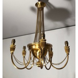 Lustre de Syle Néoclassique en Laiton Décoré de Guirlandes de Perles