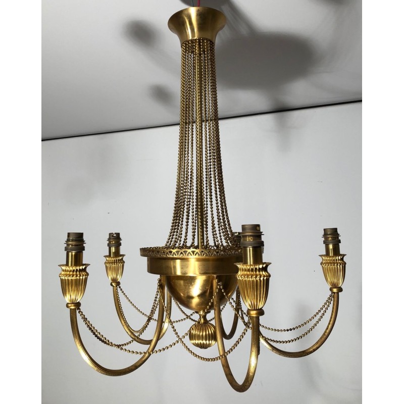 Brass Chandelier Pearl Garland Neoclassical Style France circa 1940