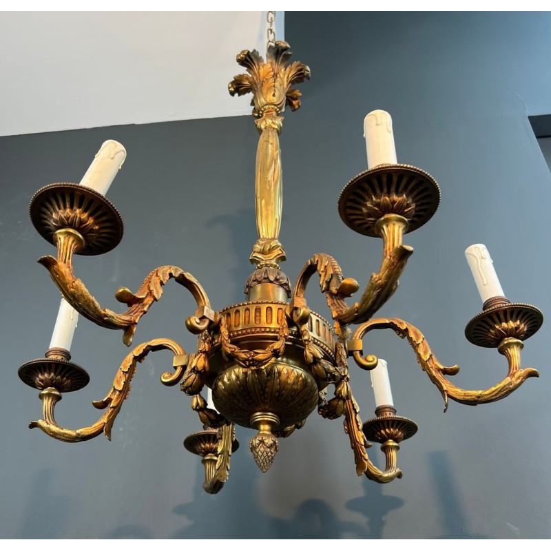 Lustre en Bronze de Style Louis XVI à 6 Bras de Lumière