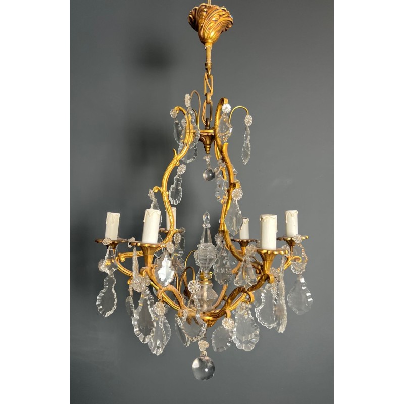 Lustre en Bronze à Cristaux de Style Louis XV à 6 Bras de Lumières