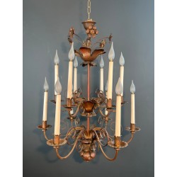 Important Lustre en Métal Doré à 2 Niveaux et 12 Bras de Lumière dans le Goût de la Maison Baguès