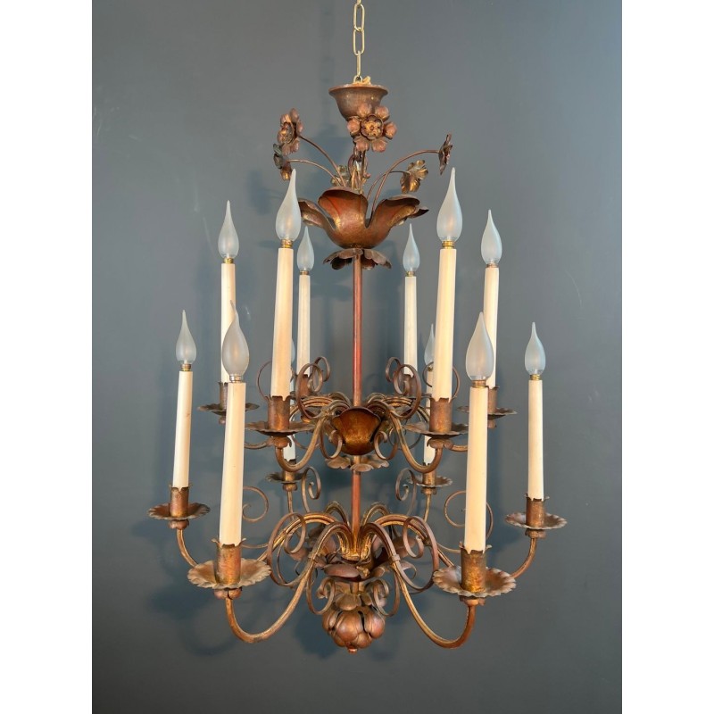 Lustre Métal Doré 2 Niveaux 12 Bras Goût Maison Baguès Art Déco France