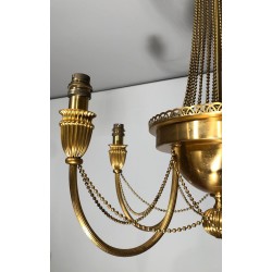 Lustre de Syle Néoclassique en Laiton Décoré de Guirlandes de Perles