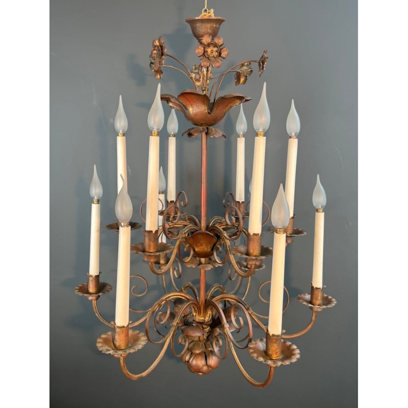 Gilt Metal Chandelier 2 Tiers 12 Lights Maison Baguès Style Art Deco France