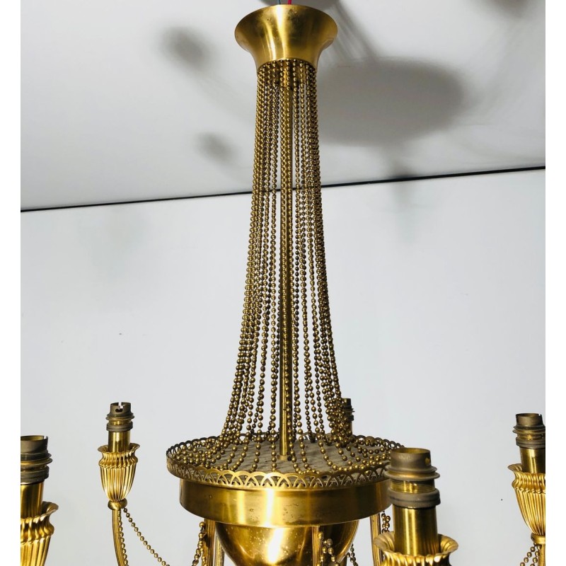 Lustre de Syle Néoclassique en Laiton Décoré de Guirlandes de Perles