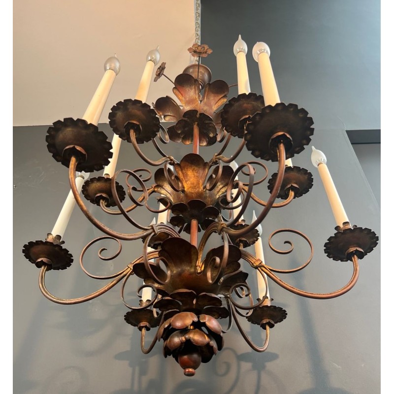 Gilt Metal Chandelier 2 Tiers 12 Lights Maison Baguès Style Art Deco France