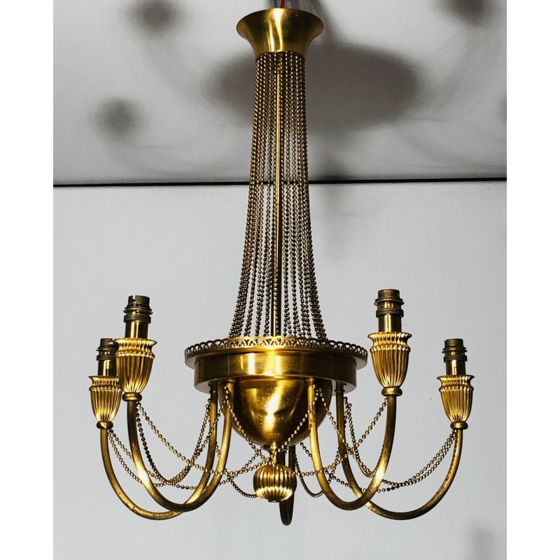 Brass Chandelier Pearl Garland Neoclassical Style France circa 1940