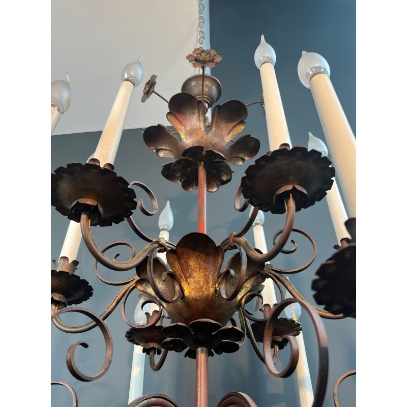 Gilt Metal Chandelier 2 Tiers 12 Lights Maison Baguès Style Art Deco France