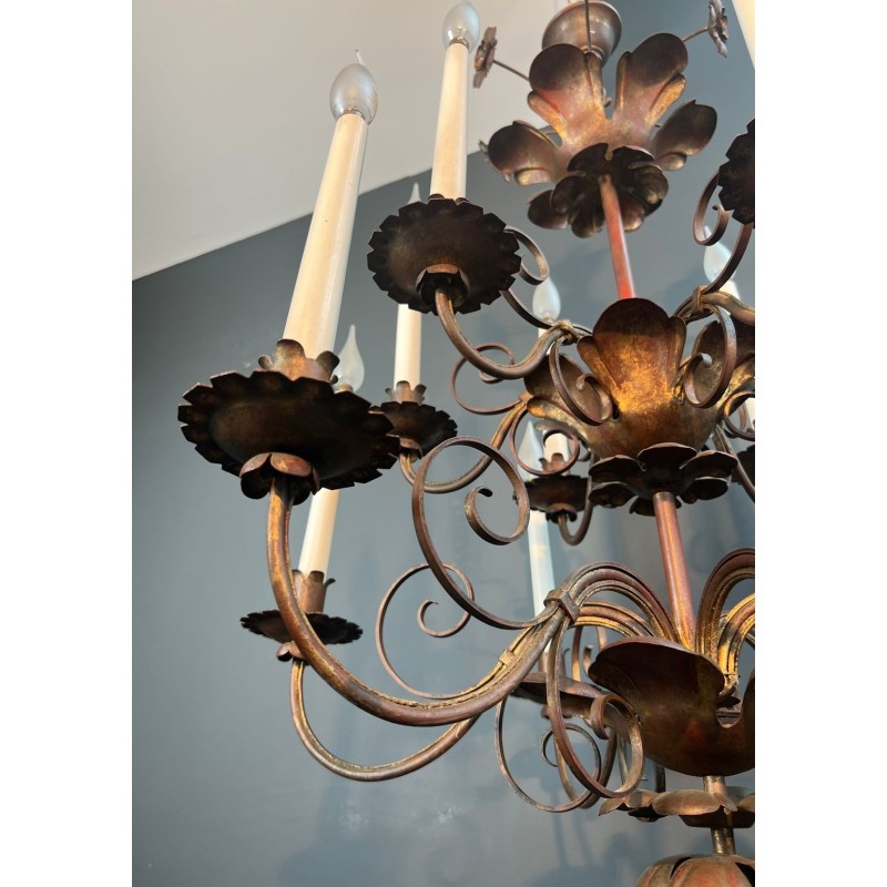 Gilt Metal Chandelier 2 Tiers 12 Lights Maison Baguès Style Art Deco France