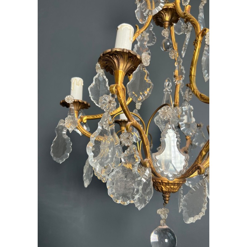 Lustre Bronze Cristaux 6 Bras Style Louis XV Rococo France circa 1900