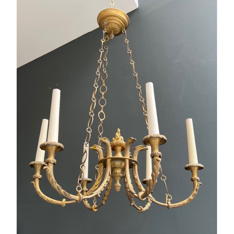 Empire Bronze Chandelier 6 Arms Eagle Heads Flame French circa 1900