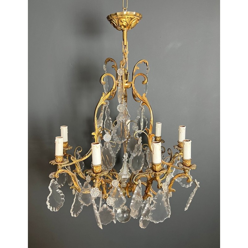 Lustre Bronze Cristaux 8 Bras Style Louis XV Rococo France circa 1900