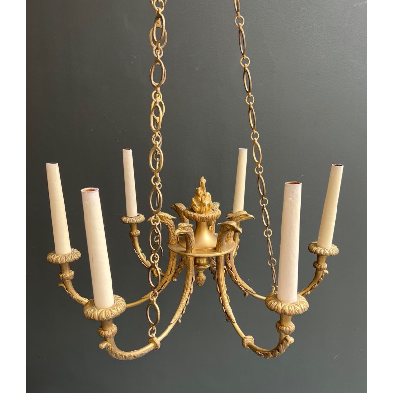 Empire Bronze Chandelier 6 Arms Eagle Heads Flame French circa 1900