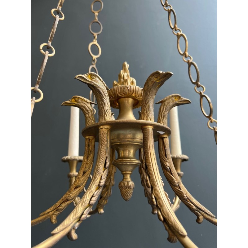 Empire Bronze Chandelier 6 Arms Eagle Heads Flame French circa 1900