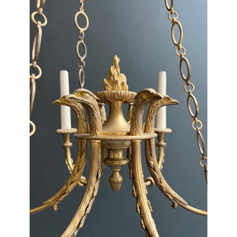 Empire Bronze Chandelier 6 Arms Eagle Heads Flame French circa 1900