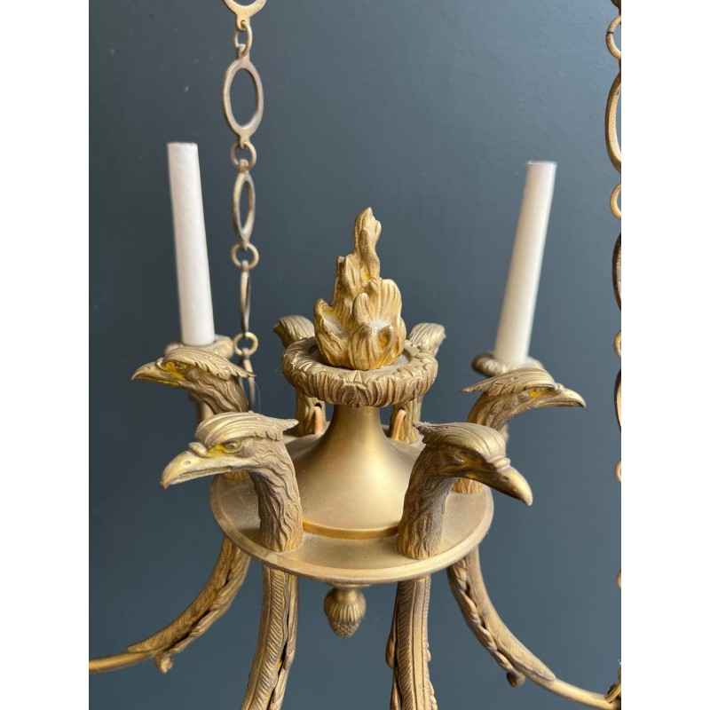 Empire Bronze Chandelier 6 Arms Eagle Heads Flame French circa 1900