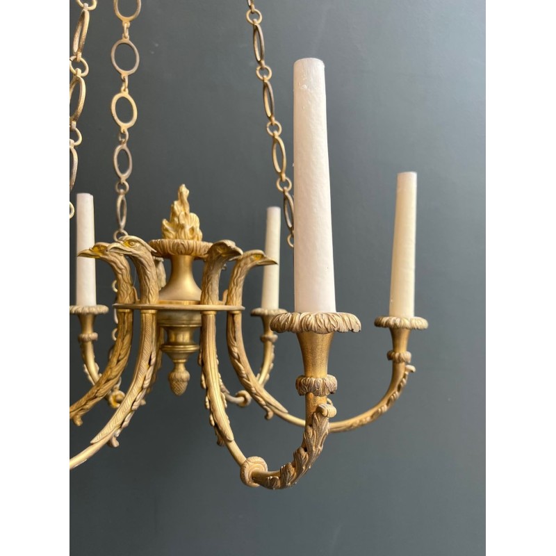 Lustre Bronze Empire 6 Bras Têtes Aigles Royaux Flamme France circa 1900