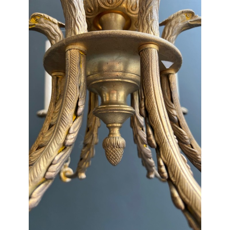 Empire Bronze Chandelier 6 Arms Eagle Heads Flame French circa 1900
