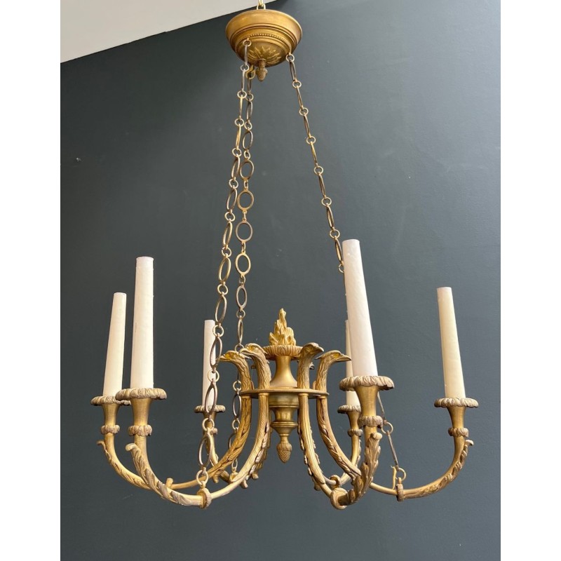 Lustre Bronze Empire 6 Bras Têtes Aigles Royaux Flamme France circa 1900