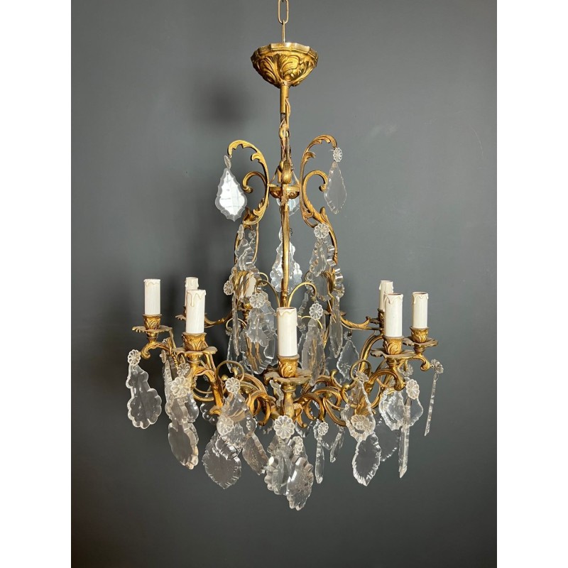 Lustre Bronze Cristaux 8 Bras Style Louis XV Rococo France circa 1900