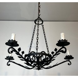 Wrought Iron Chandelier 5 Arms Leaf Décor French Artisan circa 1950