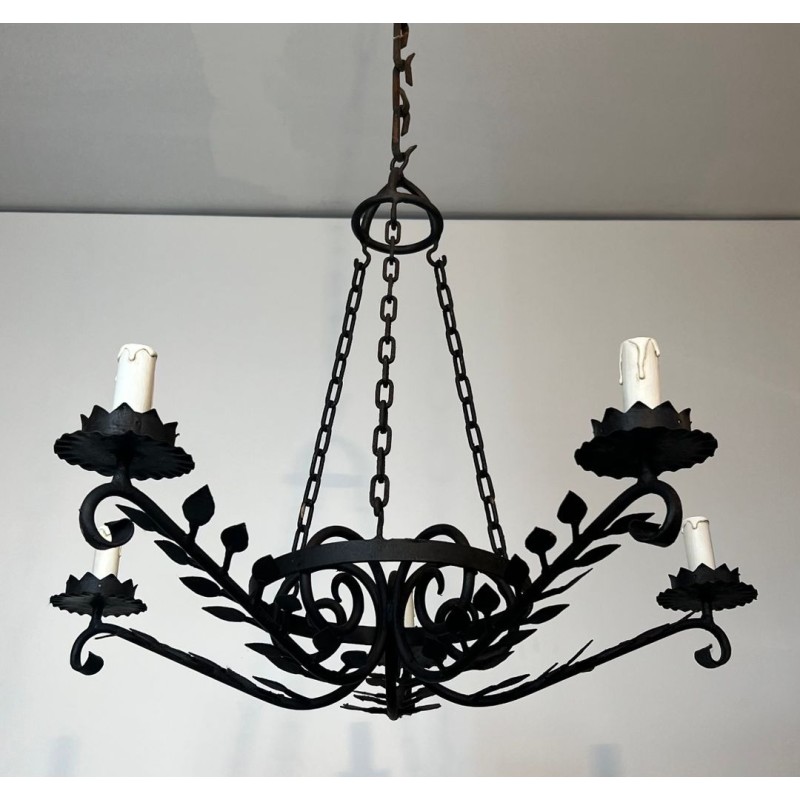 Wrought Iron Chandelier 5 Arms Leaf Décor French Artisan circa 1950