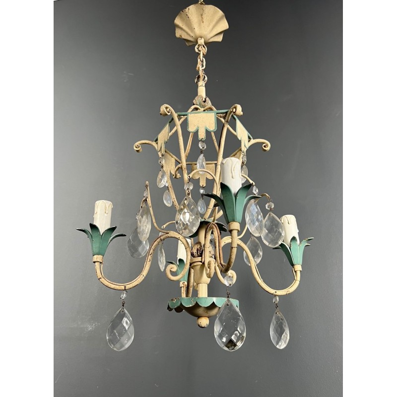 Lustre Montgolfière Métal Patiné Cristaux Art Déco France circa 1940