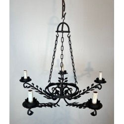 Lustre Fer Forgé 5 Bras Décors Feuilles Artisanat Français circa 1950