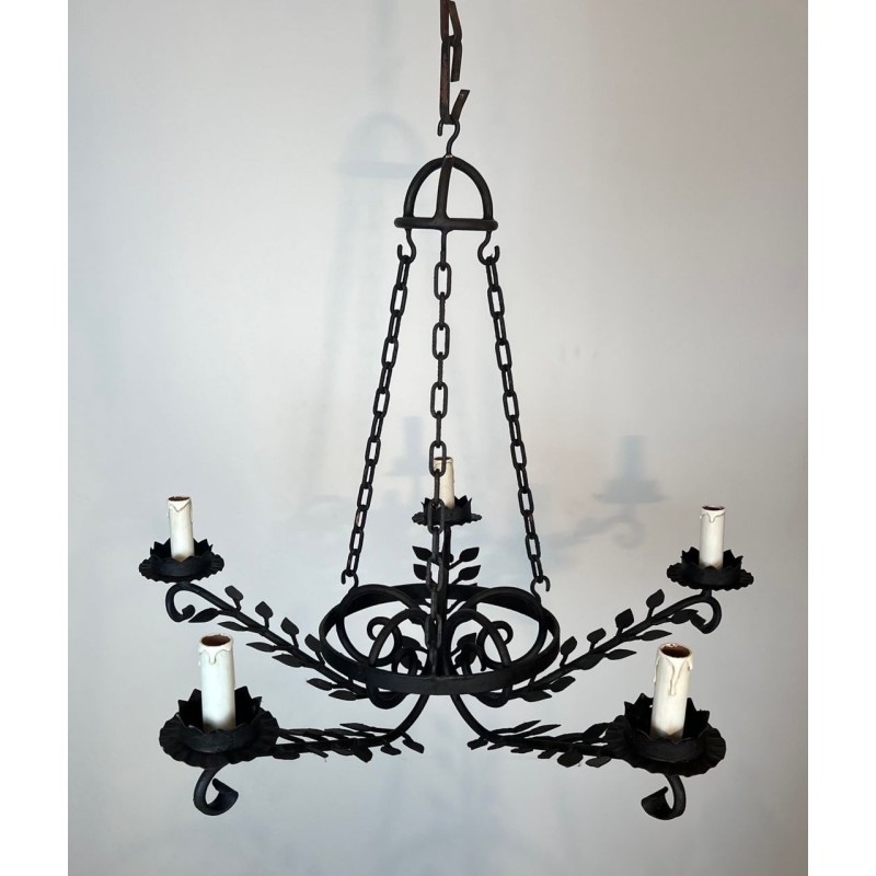 Lustre Fer Forgé 5 Bras Décors Feuilles Artisanat Français circa 1950