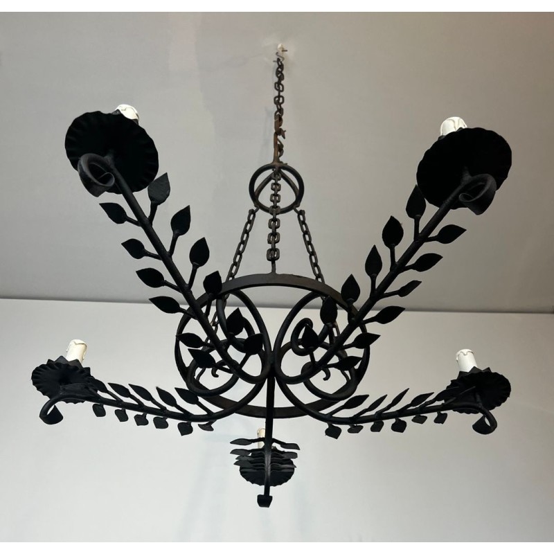 Wrought Iron Chandelier 5 Arms Leaf Décor French Artisan circa 1950