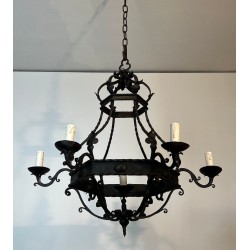Lustre Cage Fer Forgé 7 Lumières Style Gothique France circa 1950